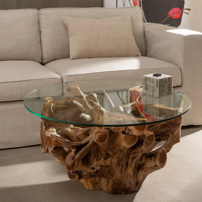MESA CENTRO NATURAL MADERA / CRISTAL 90X90X45