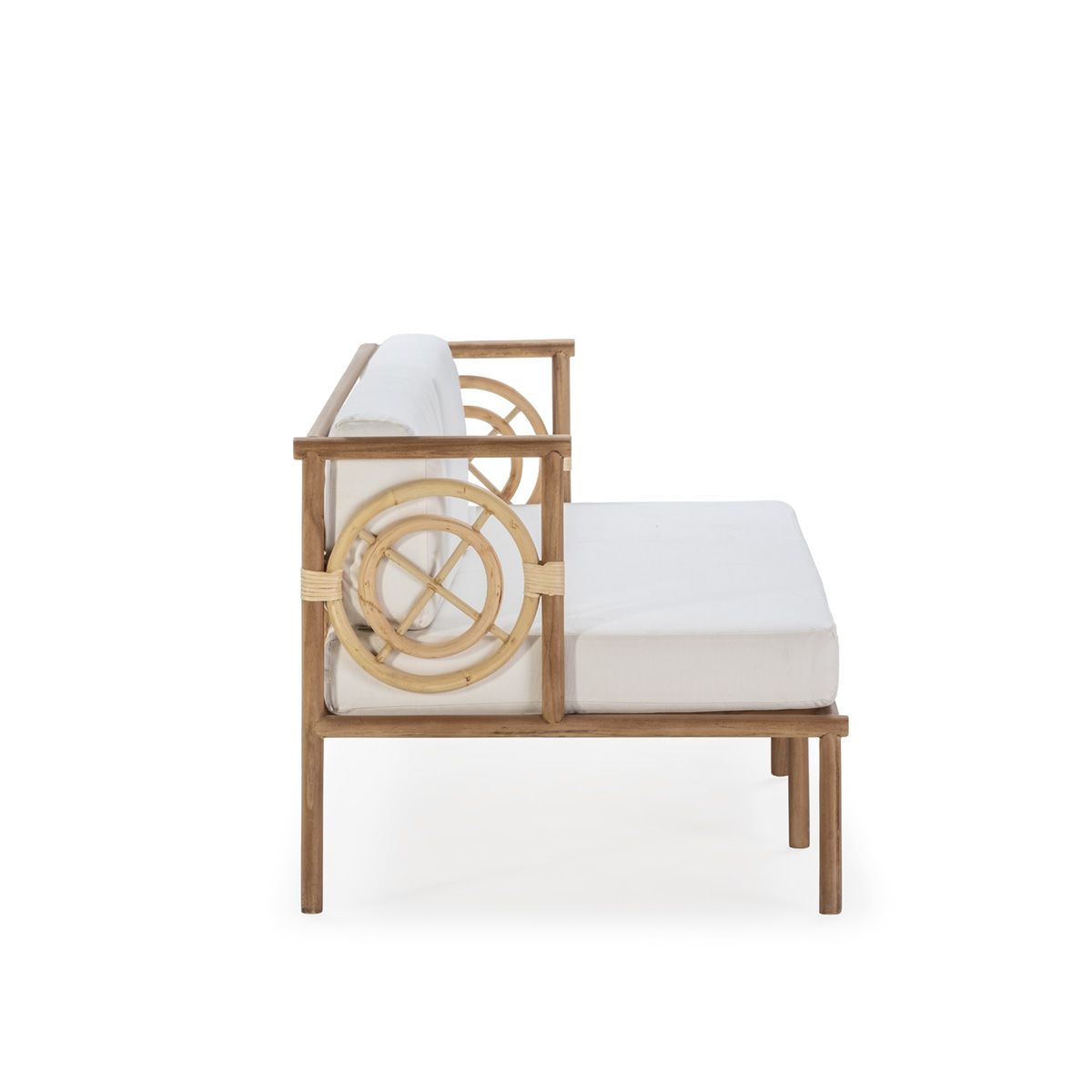 SOFÁ MADERA DE TECA/TELA — NATURAL/BLANCO 152x76x65