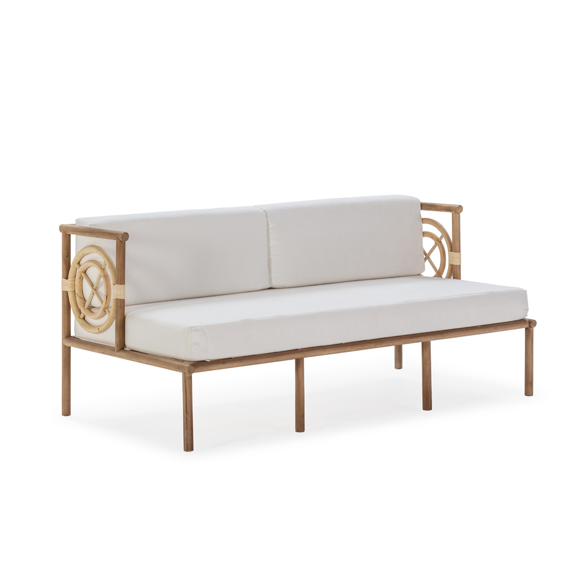 SOFÁ MADERA DE TECA/TELA — NATURAL/BLANCO 152x76x65