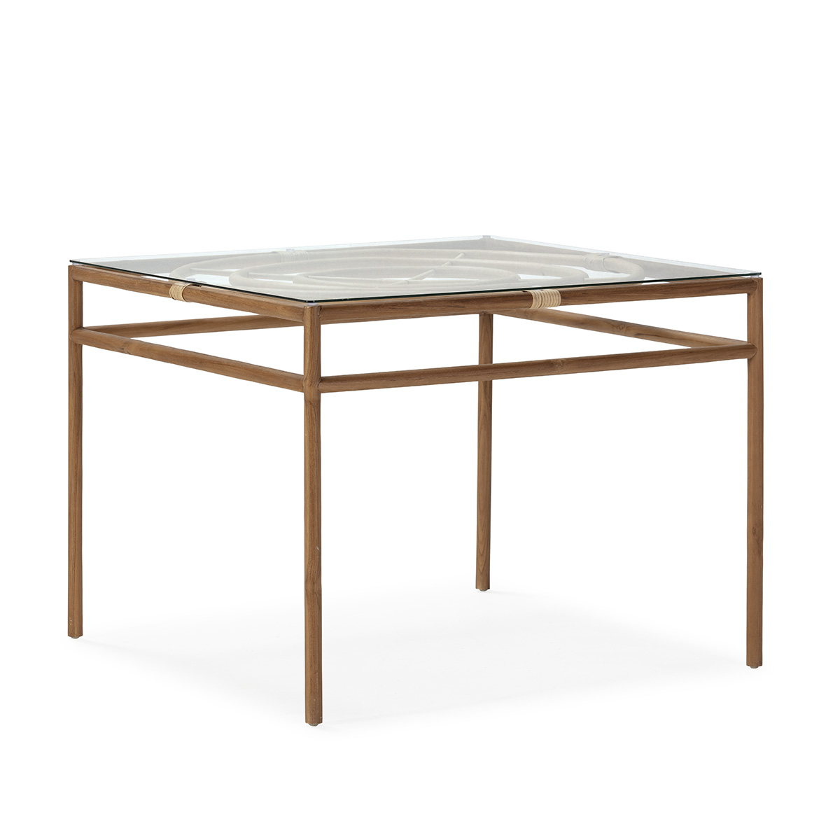MESA COMEDOR 100X100X76 MADERA DE TECA/RATÁN/CRISTAL TEMPLADO – NATURAL