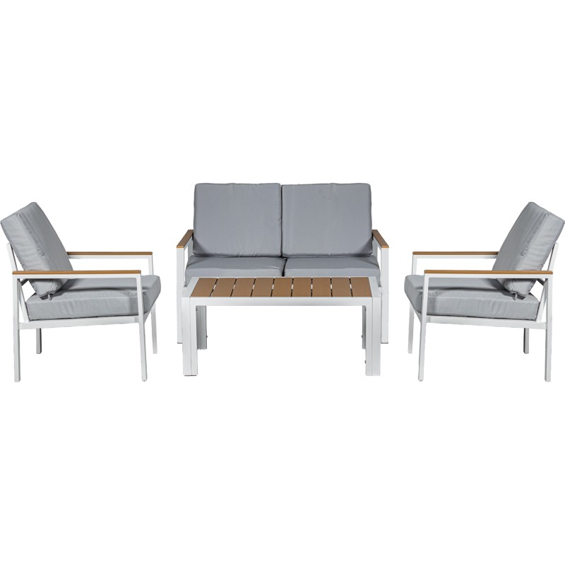 Set Sofá 2p+2 Sillones+mesa Aluminio Blanco Cojines Gris Sofá:116x71x68 Mesa:98x54x39c