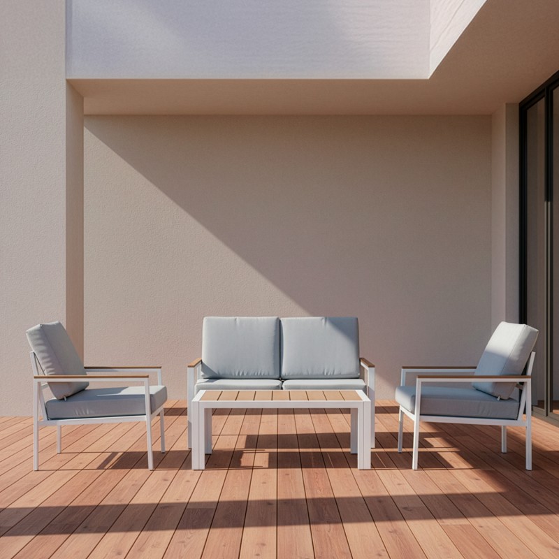 Set Sofá 2p+2 Sillones+mesa Aluminio Blanco Cojines Gris Sofá:116x71x68 Mesa:98x54x39c - Imagen 4