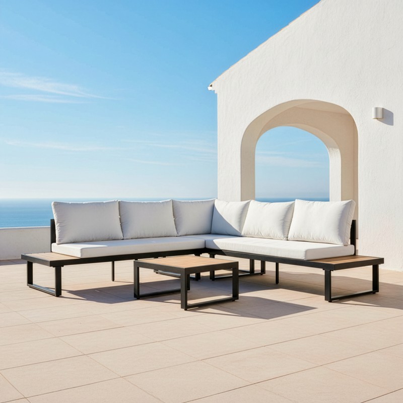 Set Sofá Esquina+mesa Aluminio Negro/ Listones De Ps Sofá 3-p:227x69x63cm - Imagen 3