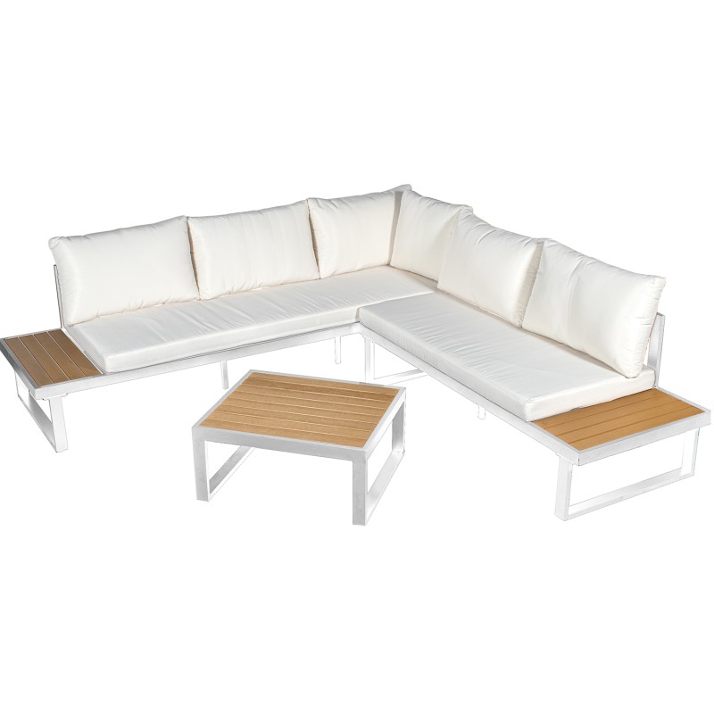 Set Sofá Esquina+mesa Aluminio blanco/ Listones De Ps Sofá 3-p:227x69x63cm