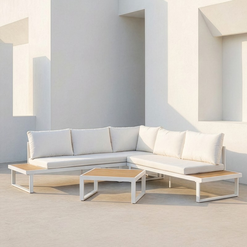 Set Sofá Esquina+mesa Aluminio blanco/ Listones De Ps Sofá 3-p:227x69x63cm - Imagen 3