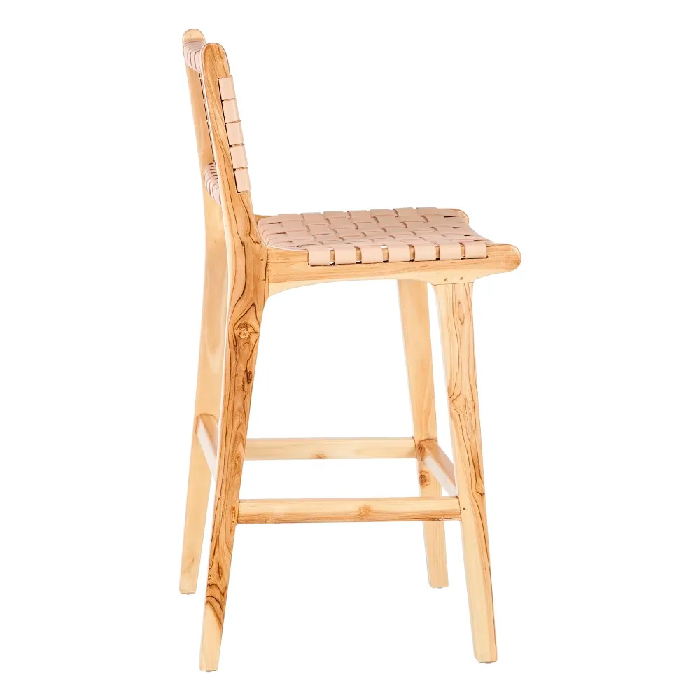 TABURETE BEIGE MADERA TECA-PIEL 45 X 57 X 95 CM - Imagen 2