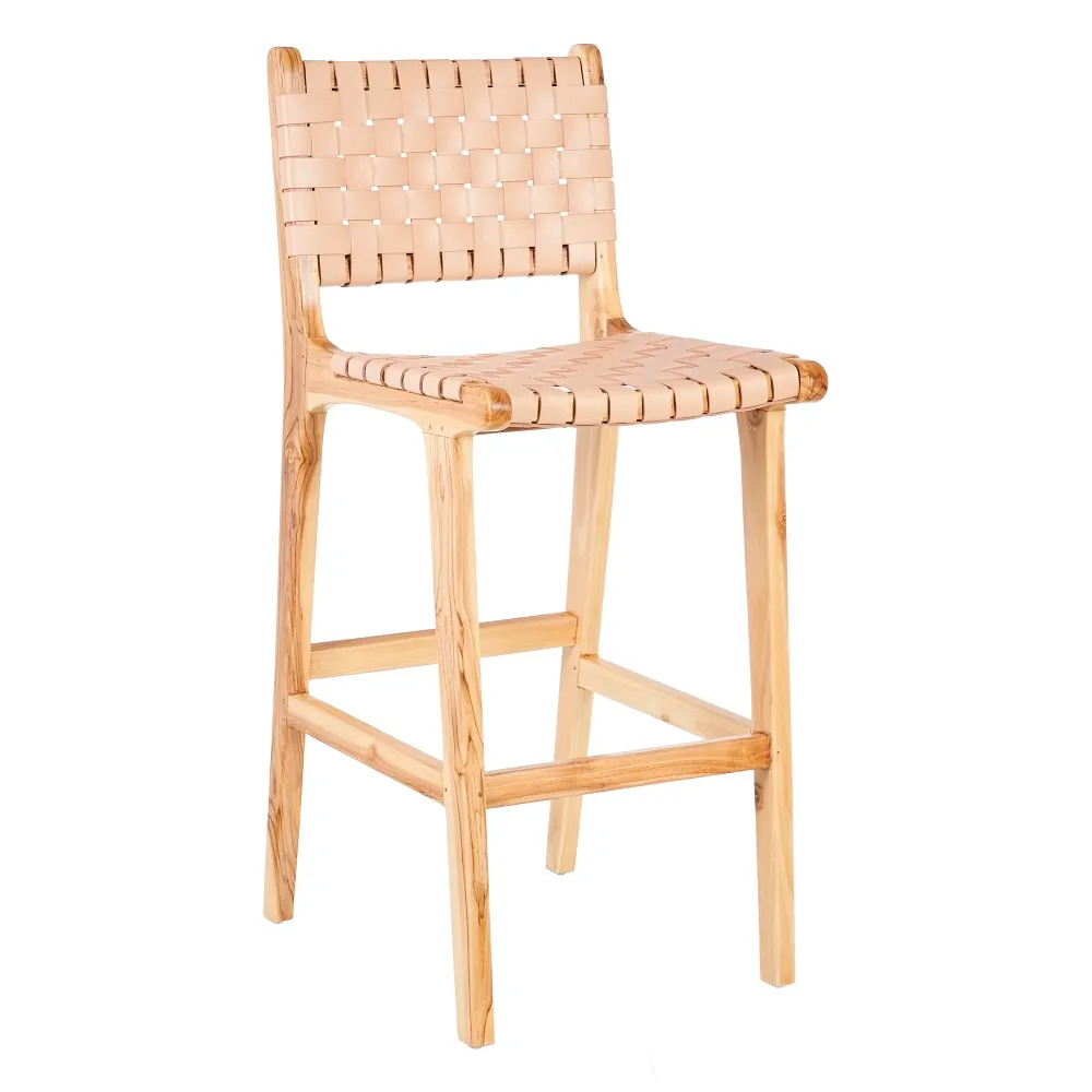 TABURETE BEIGE MADERA TECA-PIEL 45 X 57 X 95 CM